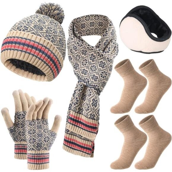 5 in 1 Women Winter Knitted Beanie Hat‎ Scarf Gloves Socks Earmuff Set Soft Warm - Picture 1 of 8